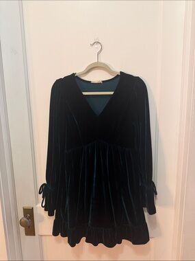 Velvet V-Neck Long Sleeve Mini Dress - Deep Teal